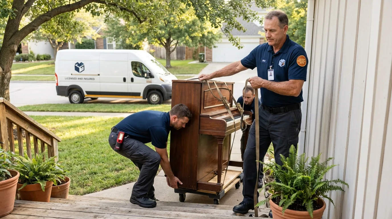 Licensed piano movers securing grand piano in Hinsdale, NH
