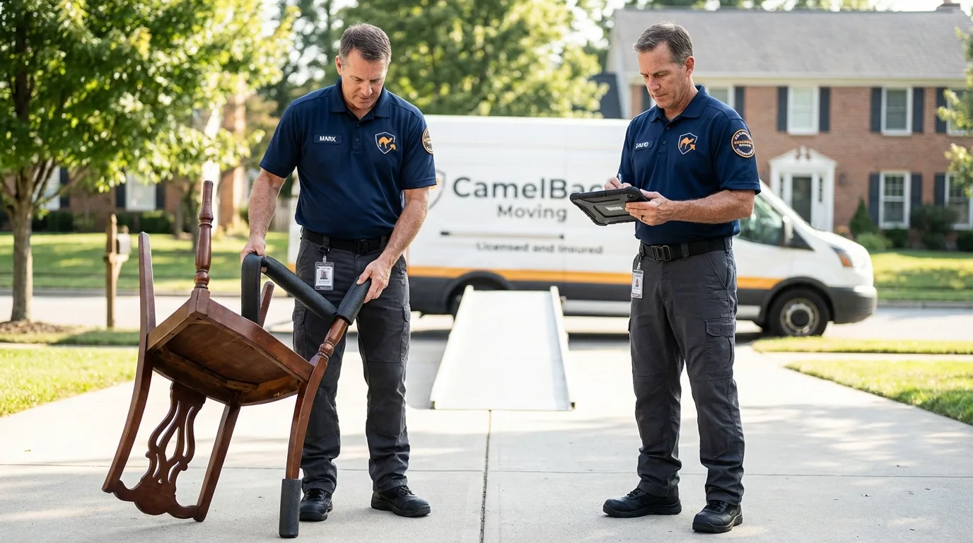 Movers inspecting furniture for damage prevention before loading in Hinsdale, NH
