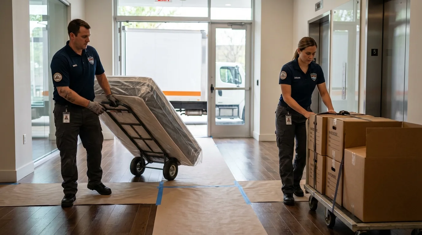 Professional apartment movers loading elevator in Hinsdale, NH