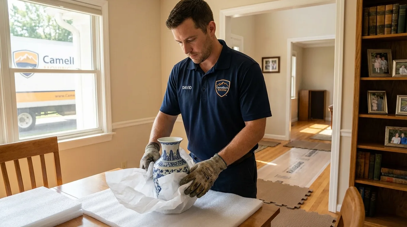 Professional crew carefully wrapping antique vase for senior downsizing move in Hinsdale, NH