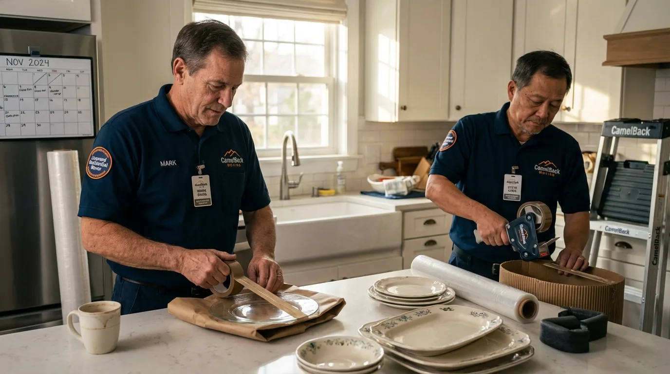 Professional crew packing kitchen dishware in Hinsdale, NH
